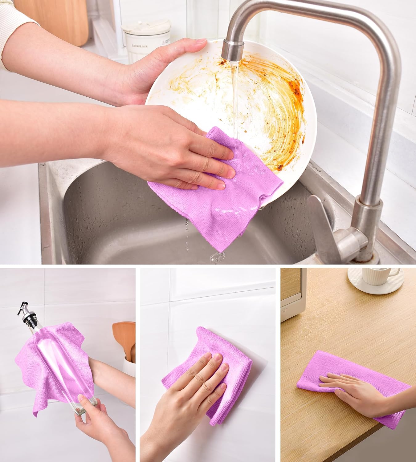 KitchLife Microfiber Cleaning Cloth Roll - Tear-Away Reusable Microfiber Paper Towels, Lint-Free, Washable, 20 Sheets for Kitchen, Car, Dishes, and Sensitive Surfaces (Pink)