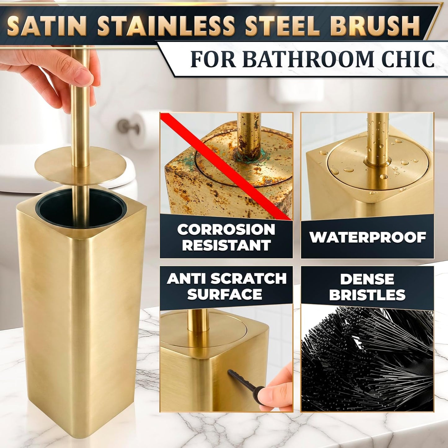 Stylish Stainless Steel Toilet Brush and Holder Set - Silver Toilet Bowl Brush and Holder with Splash Cover, Sturdy Bristles, Corrosion & Scratch Resistant - Elegant Design, Effective Deep Cleaning