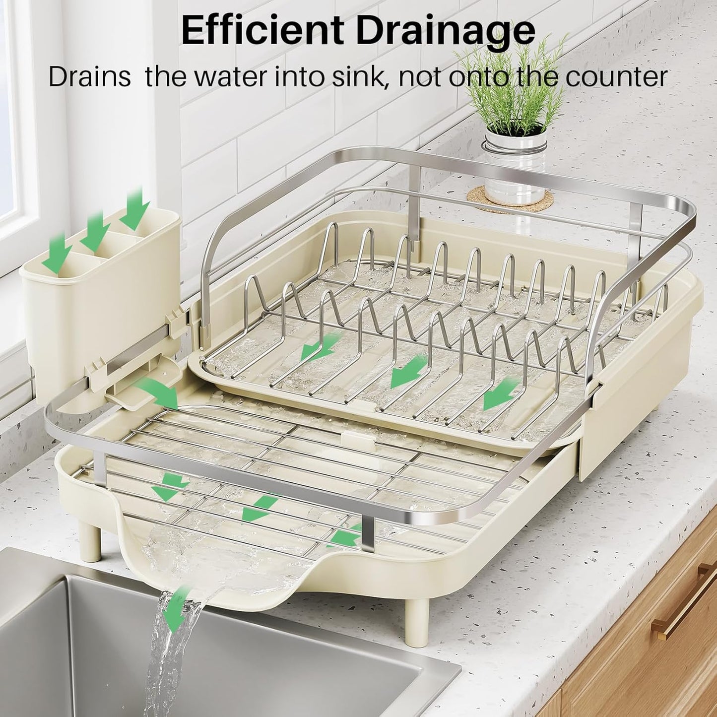 SNTD Dish Drying Rack, Expandable Dish Rack for Kitchen Counter, Stainless Steel Dish Drainer with Drainboard Set and Utensil Holder (Black)