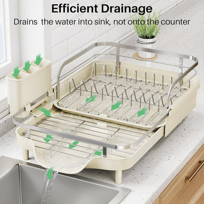 SNTD Dish Drying Rack, Expandable Dish Rack for Kitchen Counter, Stainless Steel Dish Drainer with Drainboard Set and Utensil Holder (Black)