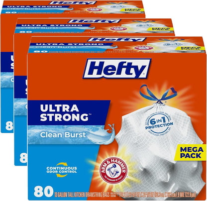 Hefty Ultra Strong 13-Gallon Trash Bags, Tall Kitchen, Drawstring Closure, Odor Control, White, Unscented, 40-Pack
