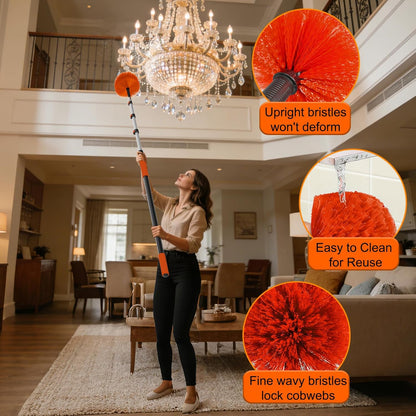 26FT Reach Cobweb Duster with Extension Pole - Spider Web Brush for Cleaning with 5-20FT 4-Section Flip-Lock Telescopic Pole, Effortlessly Cleans High Indoor & Outdoor Webs