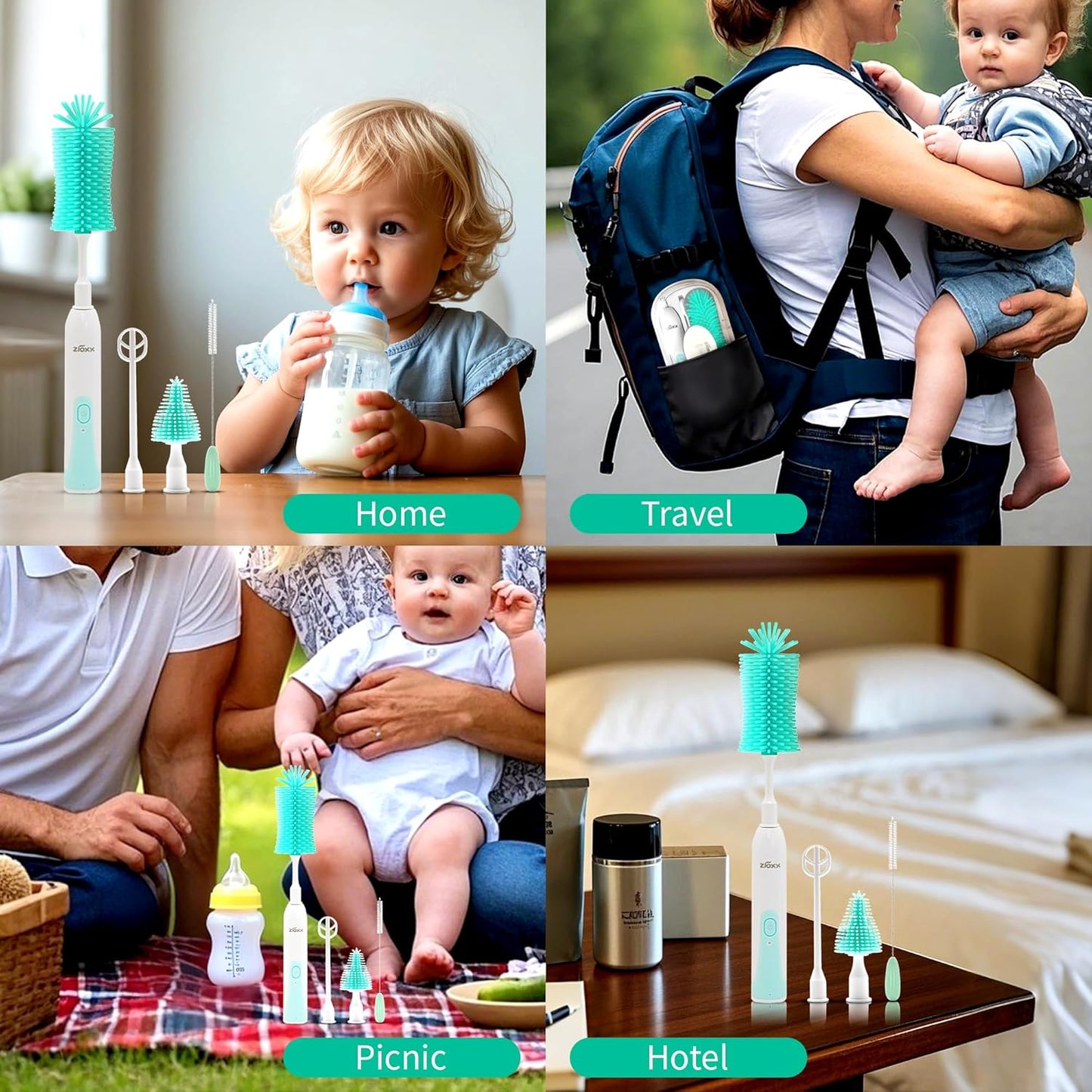 Electric Bottle Brush Cleaner, Portable Electric Baby Bottle Brush Cleaner for Travel, Rechargable Travel Bottle Cleaner Kit with Nipple & Straw Brush, Perfect Mom Essentials After Birth Gift, Green