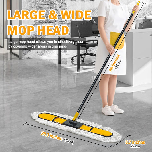 NEWE 24” Commercial Dust Mop, Large Dry Dust Push Broom Indoor, Wide Floor Duster for Laminate, with 2 pcs Microfiber Pads, Hardwood, Tile, Marble (Yellow)