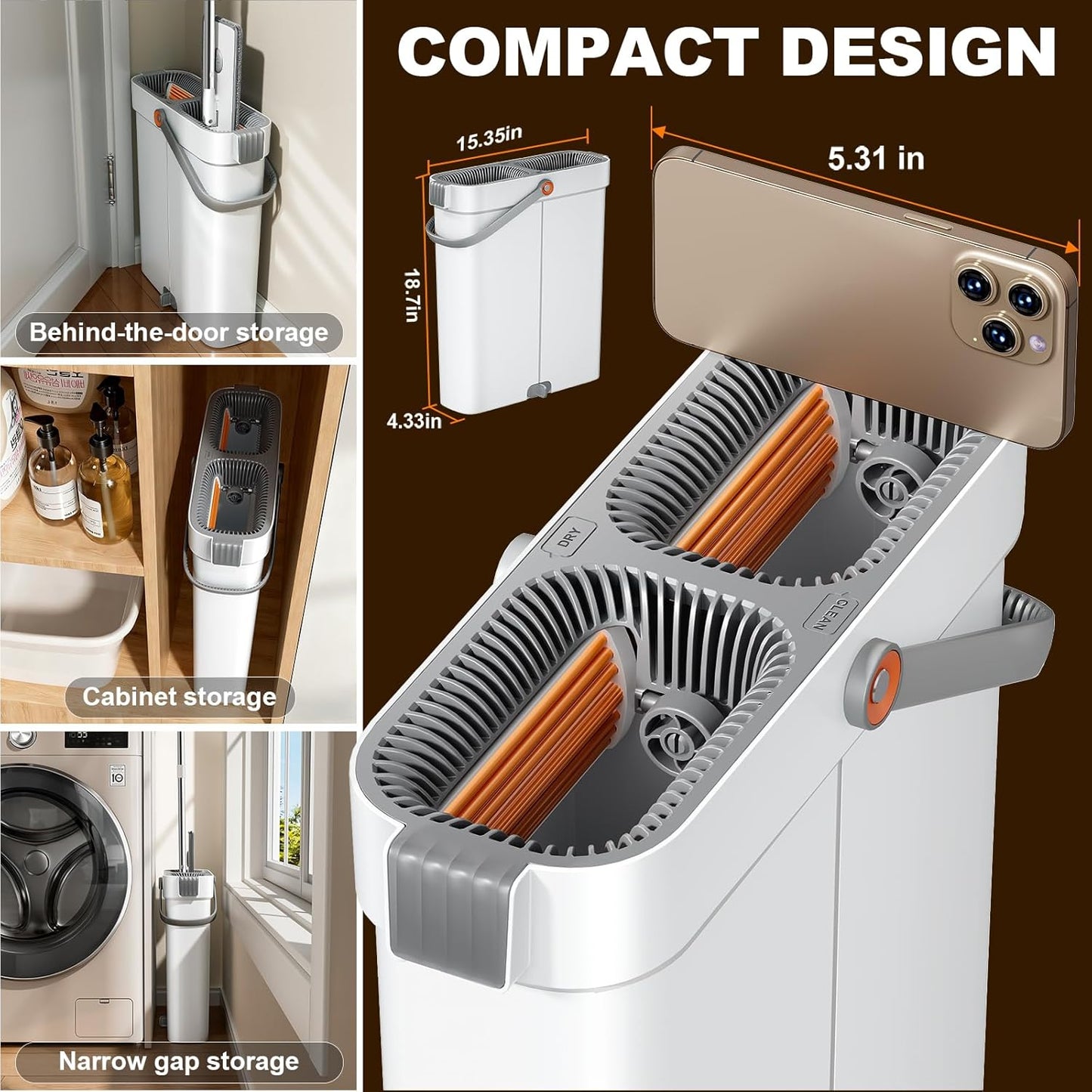15.7" Flat Mop and Bucket Set with Wringer System | Wet Dry Floor Mop, 6 Reusable Microfiber Pads for Home, Tiny Home, Safe for Hardwood, Tile, Wall & Window Cleaning