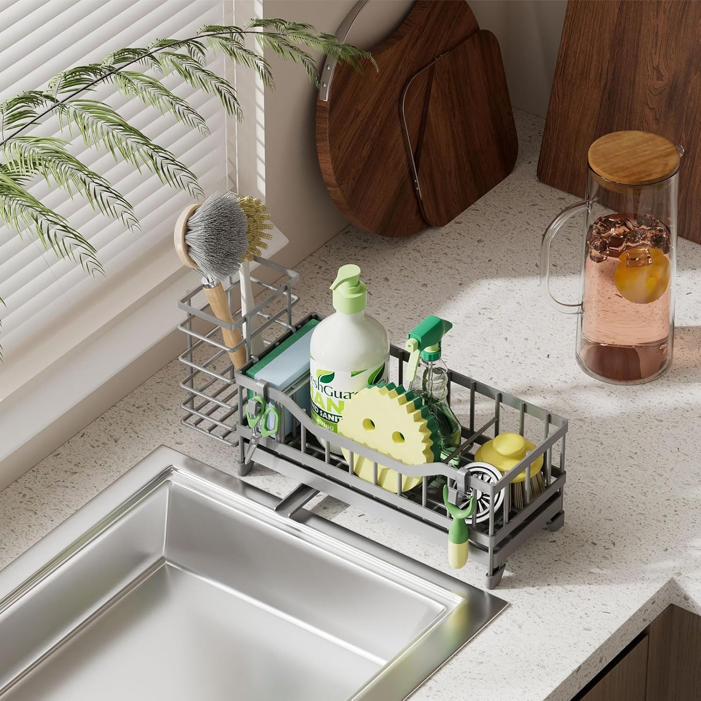 Sponge Holder for Kitchen Sink, Kitchen Sink Caddy with Long-Handled Dish Brushes Holder, 304 Rustproof Stainless Steel Countertop Organizers and Storage, Home Kitchen Sink Accessories(Silver)
