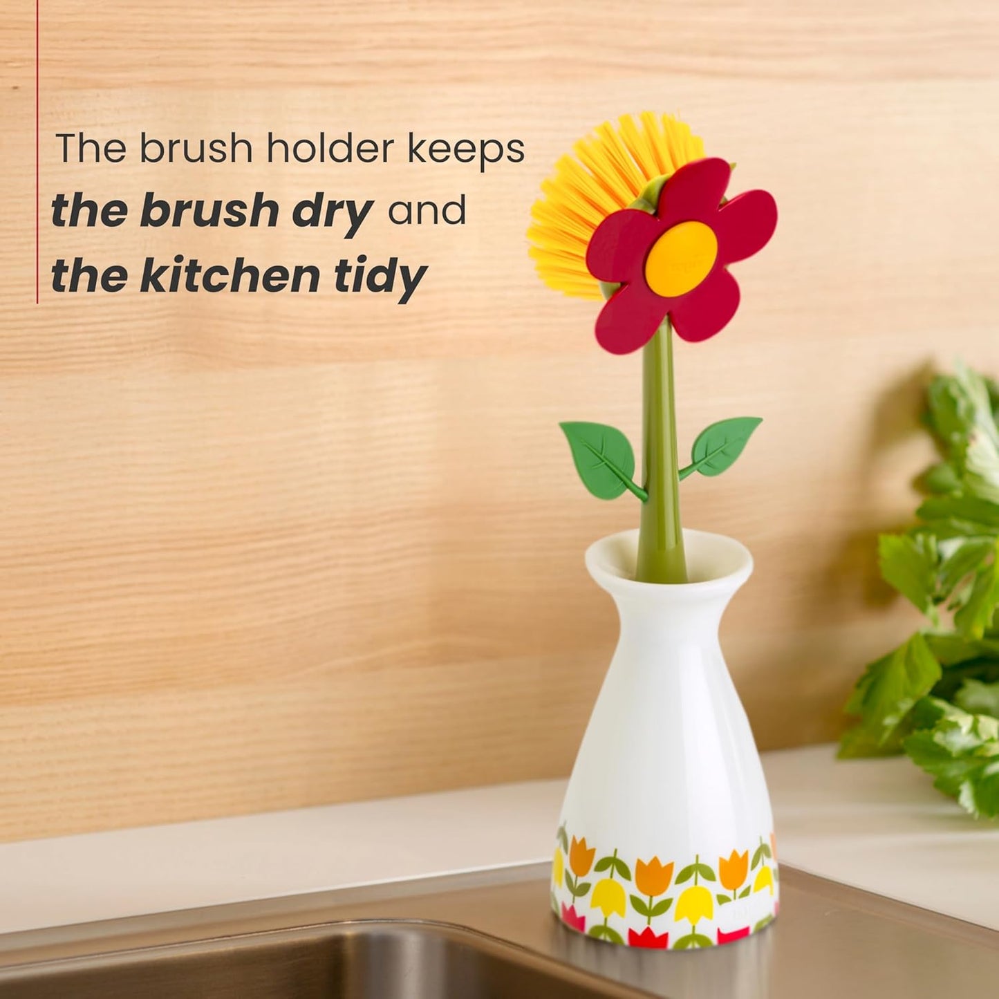 Vigar Flower Power Dish Brush with Vase Brush Holder, Dish Brush with Handle for Pot Scrubber, Dishes, Sink, and Kitchen Essentials, White, Black