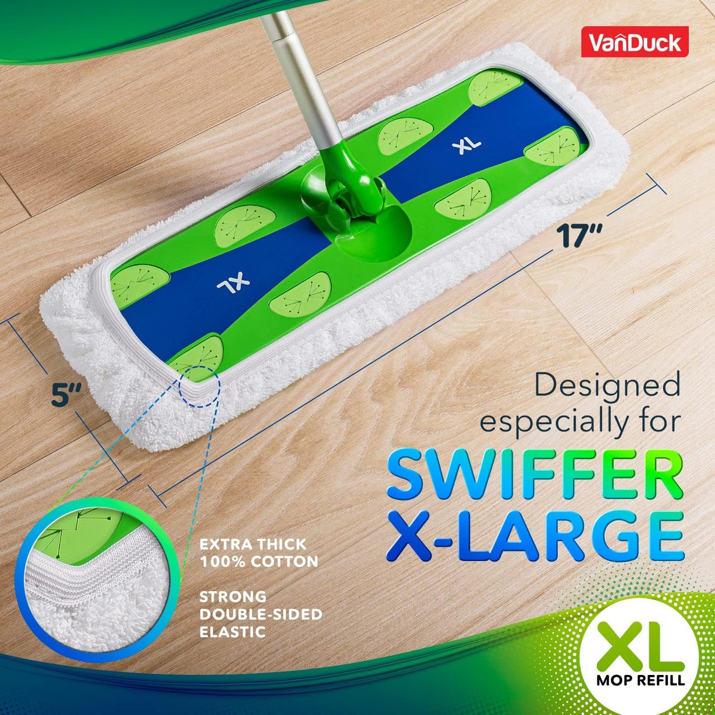 VanDuck XL Cotton Mop Pads Compatible with Swiffer XL (2 Pack) - Extra Large Wet and Dry Pads Refills - Cotton Covers Reusable Mop Heads (Handle is Not Included)