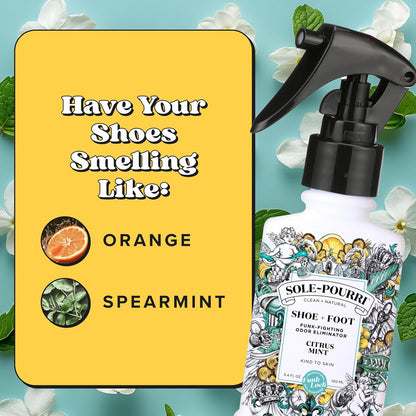 Sole-Pourri Shoe Deodorizer + Foot Spray, 3.4 Fl Oz, Up to 150 Uses, Funk-Fighting Odor Freshener with Essential Oils, for Smelly Shoes, Feet & Gym Bags, Citrus & Mint Scent
