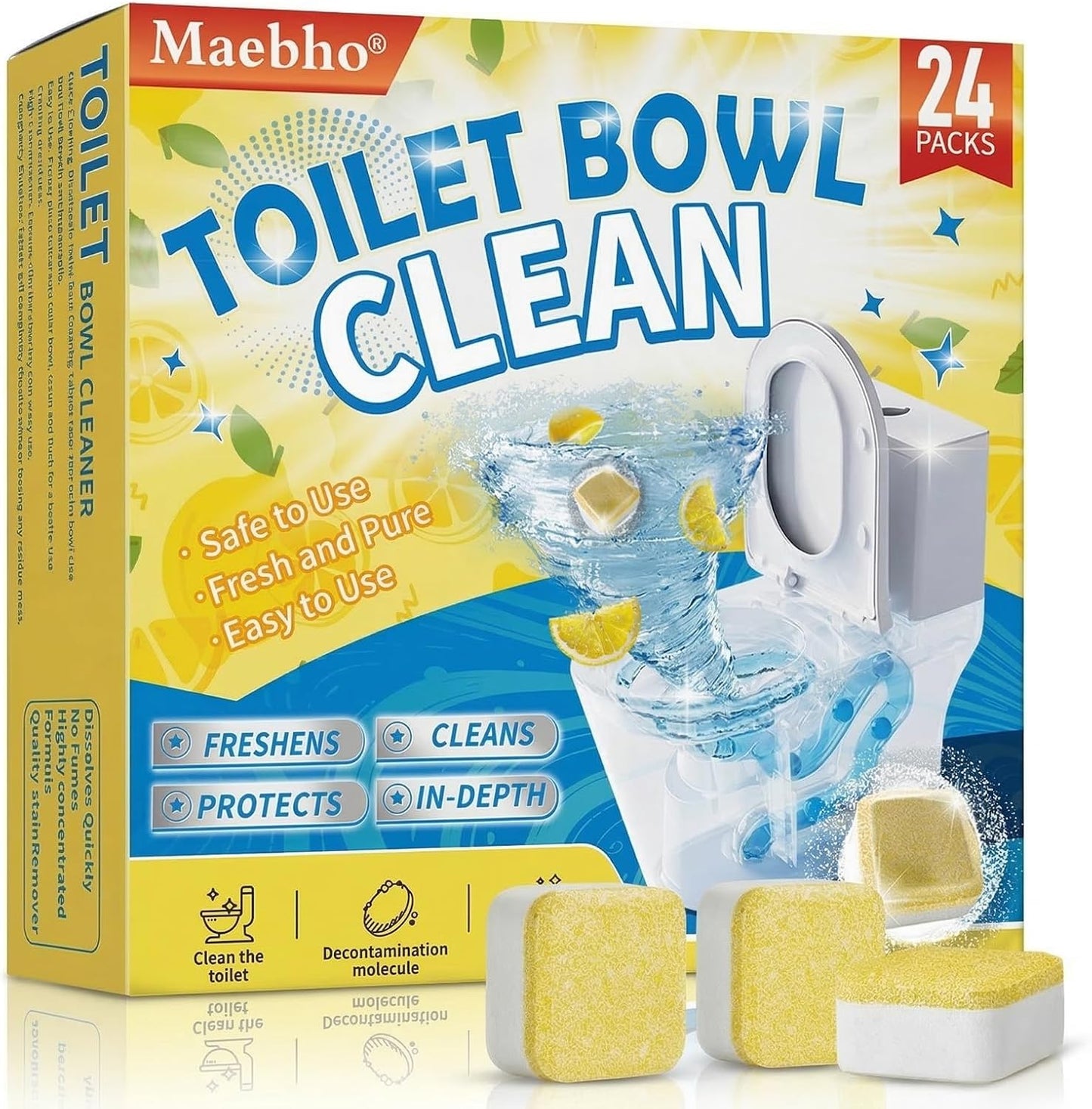 Toilet Bowl Cleaner Tablets – Deodorizer & Septic Safe, Odor Eliminator, Stain Remover for Long-Lasting Freshness – Fresh Lemon Scent 24 Pack
