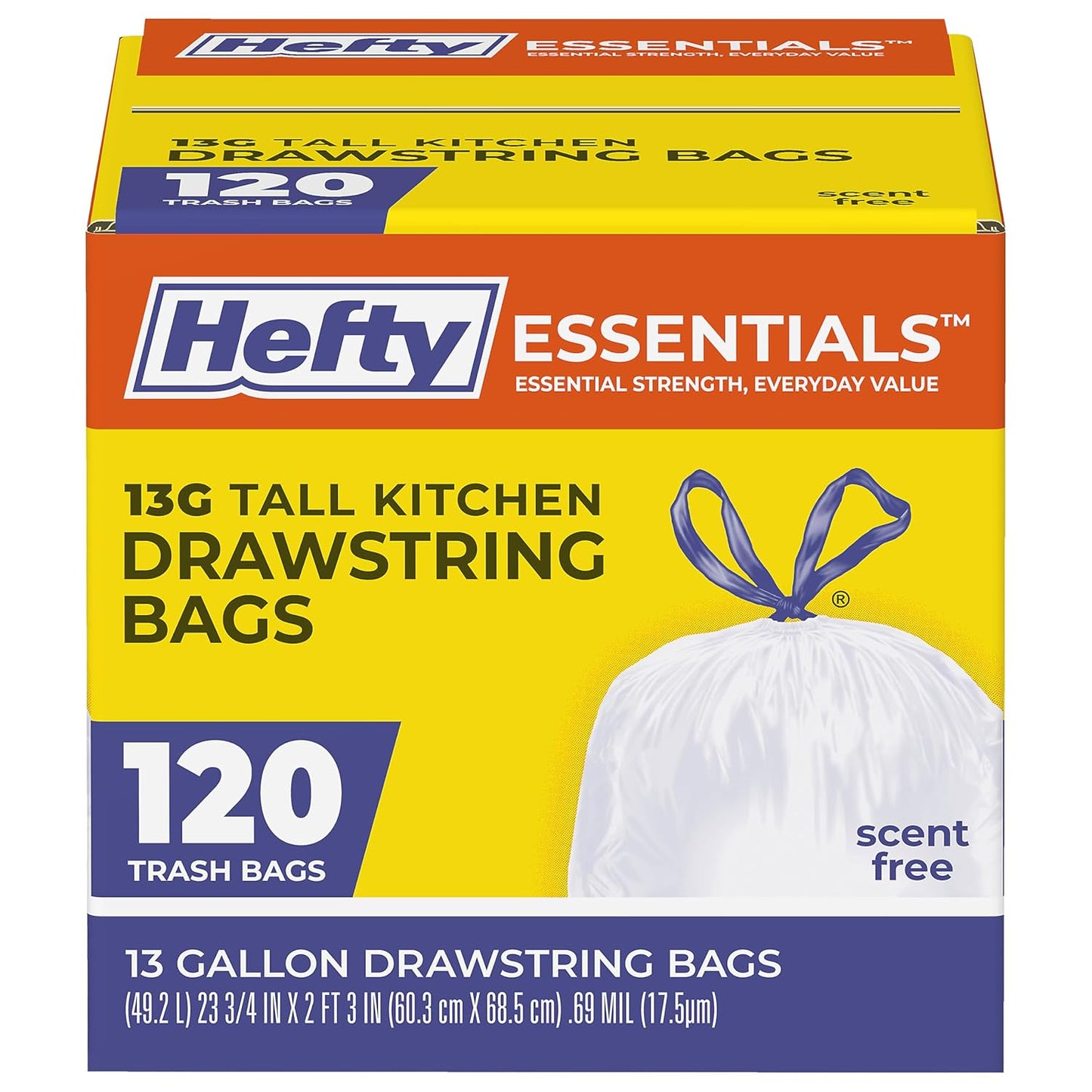 Hefty Essentials Drawstring 13 Gallon Kitchen Trash Bags, 45 Count, Tall Unscented Trash Bags for Kitchens, Home Offices, or Laundry Rooms, Easy to Tie, Lift, and Carry, White