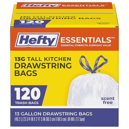 Hefty Essentials Drawstring 13 Gallon Kitchen Trash Bags, 45 Count, Tall Unscented Trash Bags for Kitchens, Home Offices, or Laundry Rooms, Easy to Tie, Lift, and Carry, White