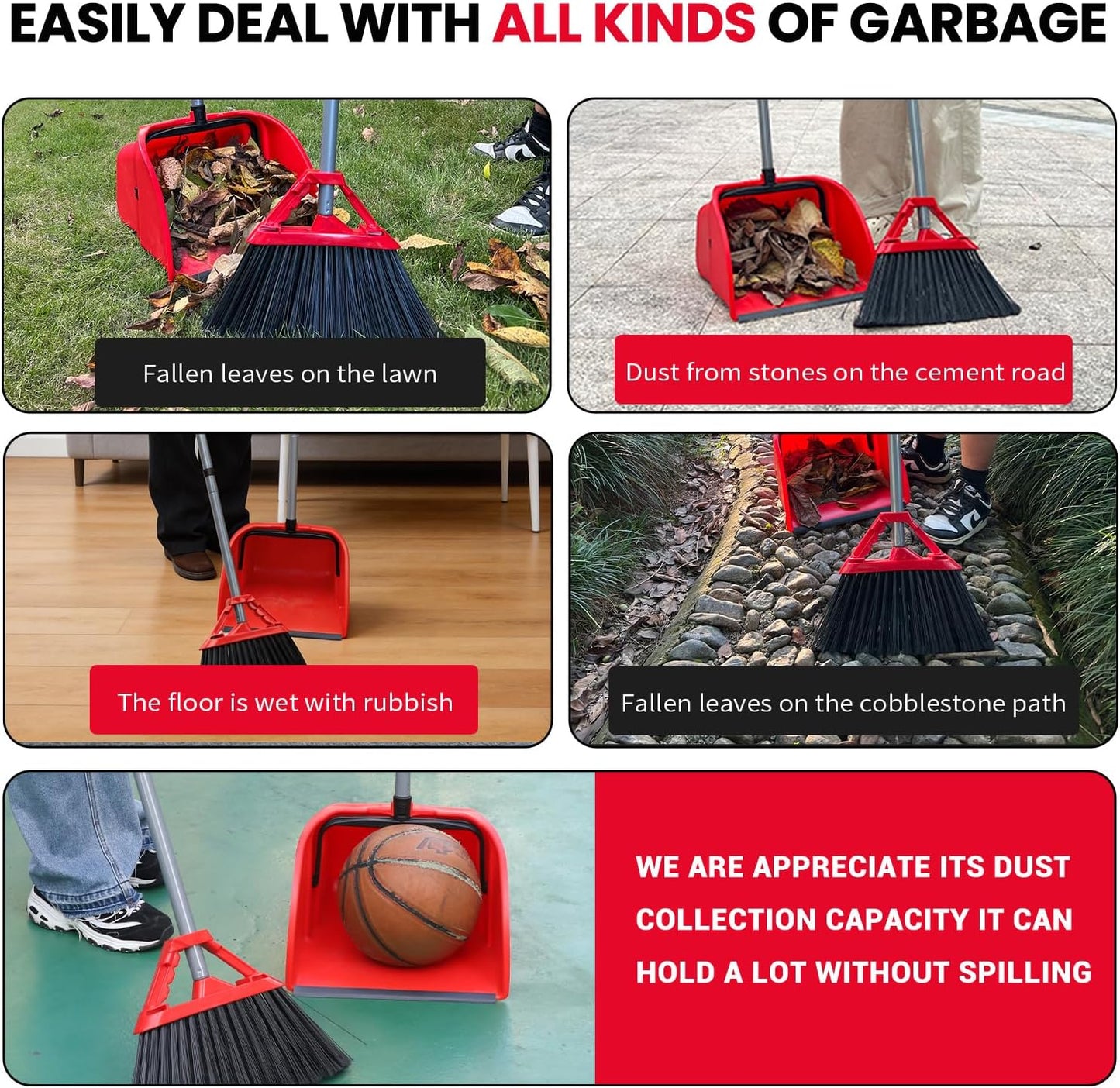 Commercial Broom and Dustpan Set,Heavy Duty Broom Set,Jumbo Debris Dustpan, Trash Collection for Commercial/Industrial Cleaning,2Sets, Red,Extra-Large Size