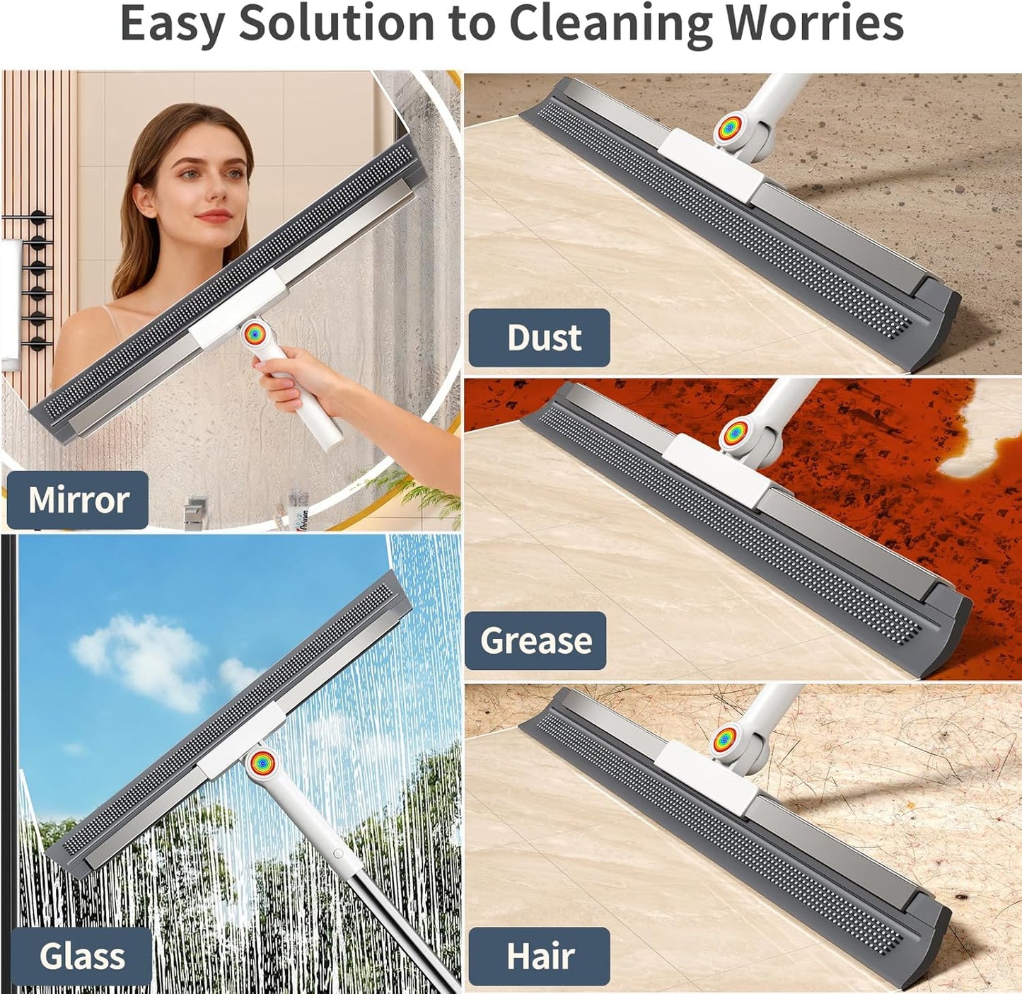 Floor Squeegee for Concrete Floor, Squeegee for Floor with 180° Rotating Head & 63" Long Handle, Garage Squeegee Broom for Epoxy Floor, Pet Hair, Water Removal, Bathroom Tile, Shower Glass, Carpet