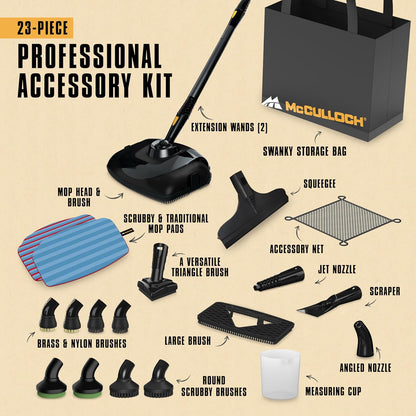 McCulloch MC1385 Deluxe Canister Steam Cleaner, 2-Hour Runtime, Chemical-Free, 23 Accessories: Mop Head, Brushes & More - Built for Home, Tile, Carpet, Furniture, & Personal Car Detailing
