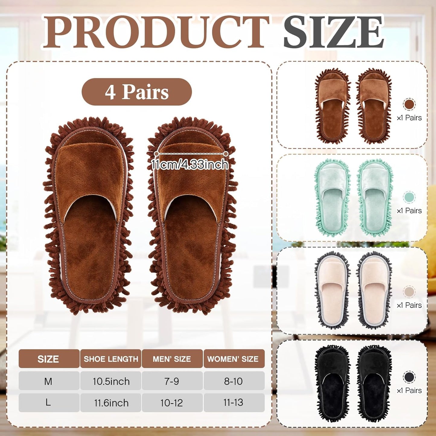Jecery 4 Pair Washable Microfiber Mop Slippers Detachable Dusting Shoes for Floor Cleaning, Office & Home Use Suitable for Women & Men(Blue, Brown, Beige, White,L Size)