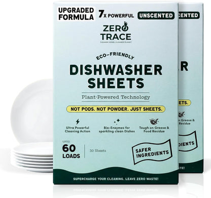 Zero Trace Dishwasher Detergent Eco-Friendly Sheets for Dish Washing - Plant Powered Technology - Lemon Scent - 60 Loads