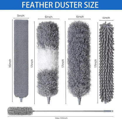 4 Pcs Microfiber Cobweb Duster with 100-inch Extendable Pole, Washable and Reusable Feather Cleaning Duster Kit with 3 Duster Heads,Dusters for Cleaning with Telescopic Pole for High Ceiling Fan