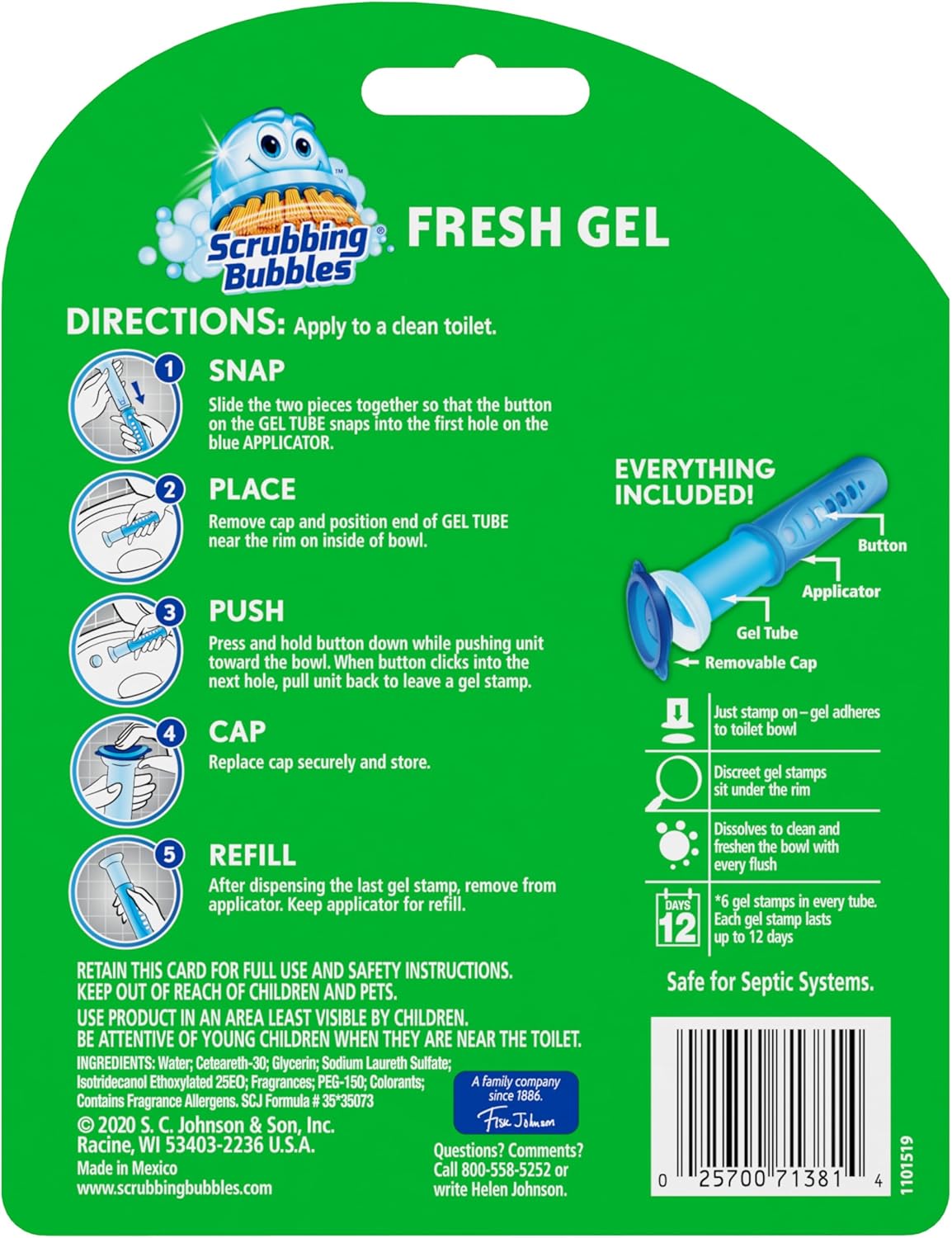 Scrubbing Bubbles Fresh Gel Toilet Bowl Cleaning Stamps, Automatic & Continuous Bathroom Toilet Cleaner Helps Prevent Limescale & Rings, Rainshower Scent, 1 Dispenser with 6 Stamps (6 Count)