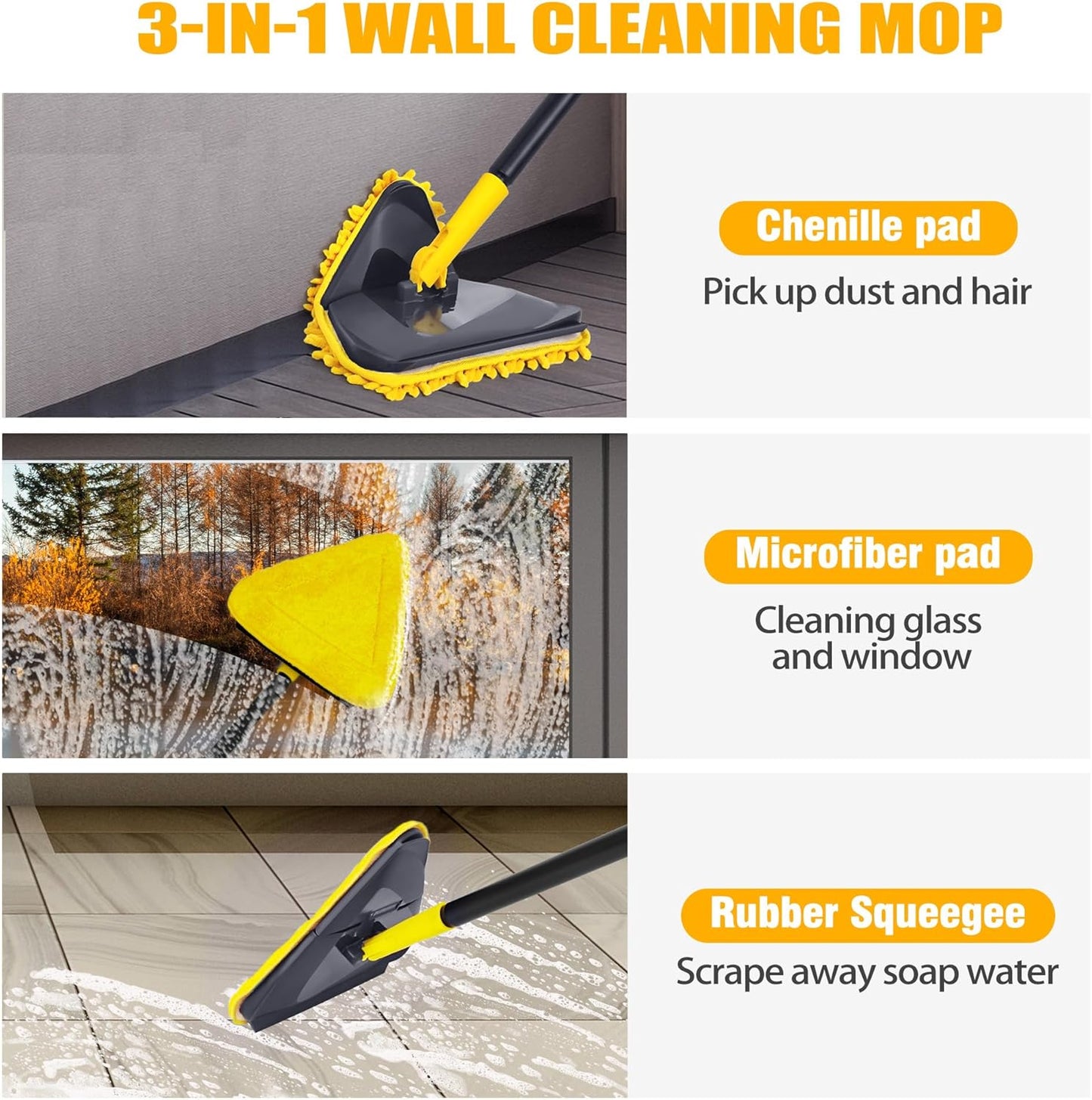 Wall Cleaner Mop with 82" Handle, 360° Rotating Triangle Head and Microfiber Pads, Built-in Squeegee for Ceiling Mop, Baseboard Cleaning and Windows