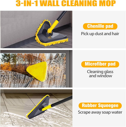 Wall Cleaner Mop with 82" Handle, 360° Rotating Triangle Head and Microfiber Pads, Built-in Squeegee for Ceiling Mop, Baseboard Cleaning and Windows