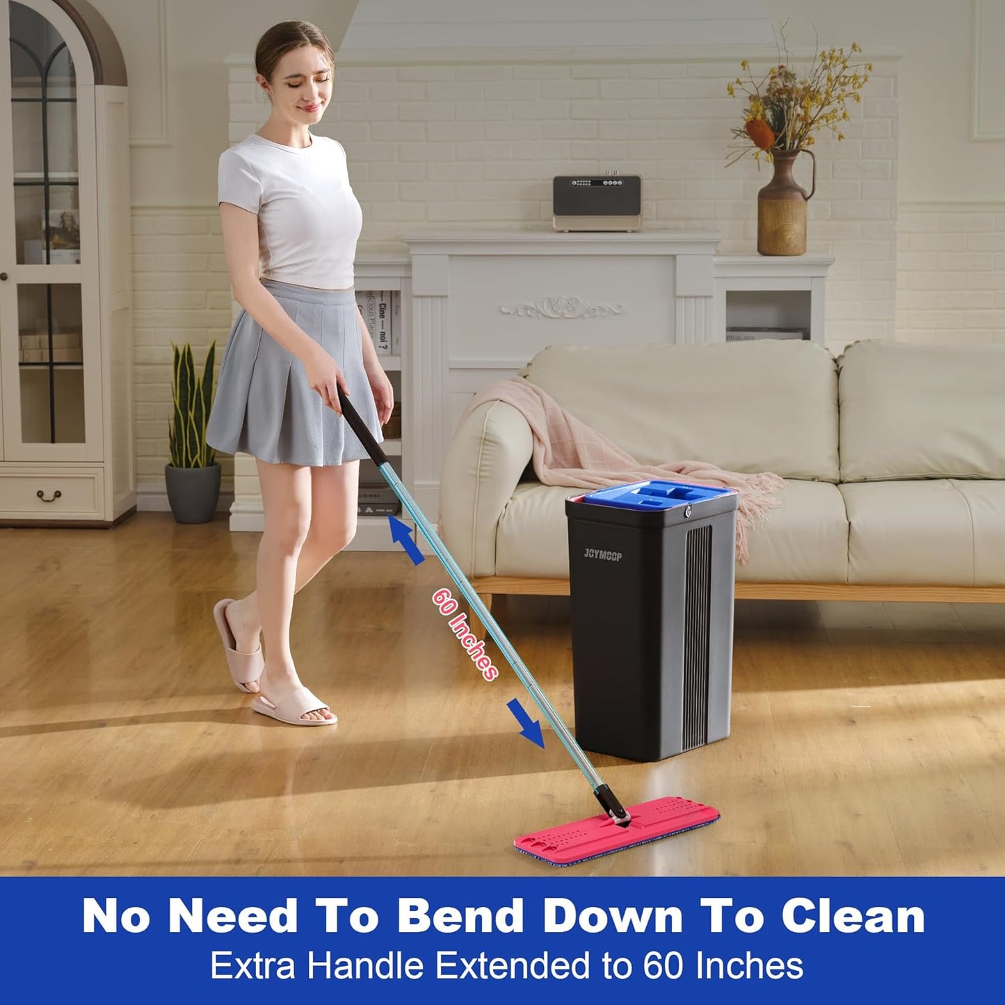 JOYMOOP Microfiber Flat Mop and Bucket System, Mops for Floor Cleaning and Wall Cleaner, Hardwood, Tile, Laminate, Vinyl Floors, Smooth Walls, and Glass Windows - 50" Flat Mop+1 Microfiber Pad[White]