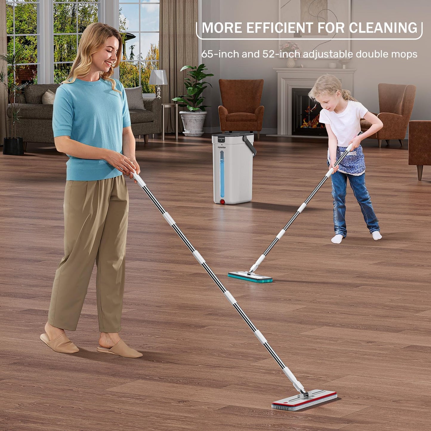 HoMettler Dual Mop and Bucket Set, Flat Mop and Bucket System with Separate Dirty and Clean Water, 3-Compartment Wall Cleaner Mop, Flat Mops for Floor Cleaning with 6 Microfiber Pads