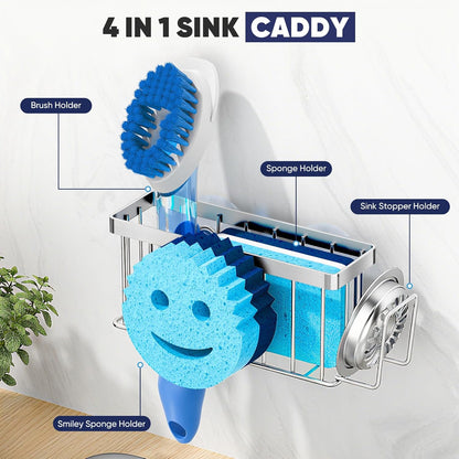 MURLONG Sponge Holder for Kitchen Sink,Sink Caddy Smiley Face,4-in-1 Sponge Holder with Suction Cups & 1 PCS Adhesive Strips for Holding Soap,Brush,Scrubber,Sponge,Stopper-Black