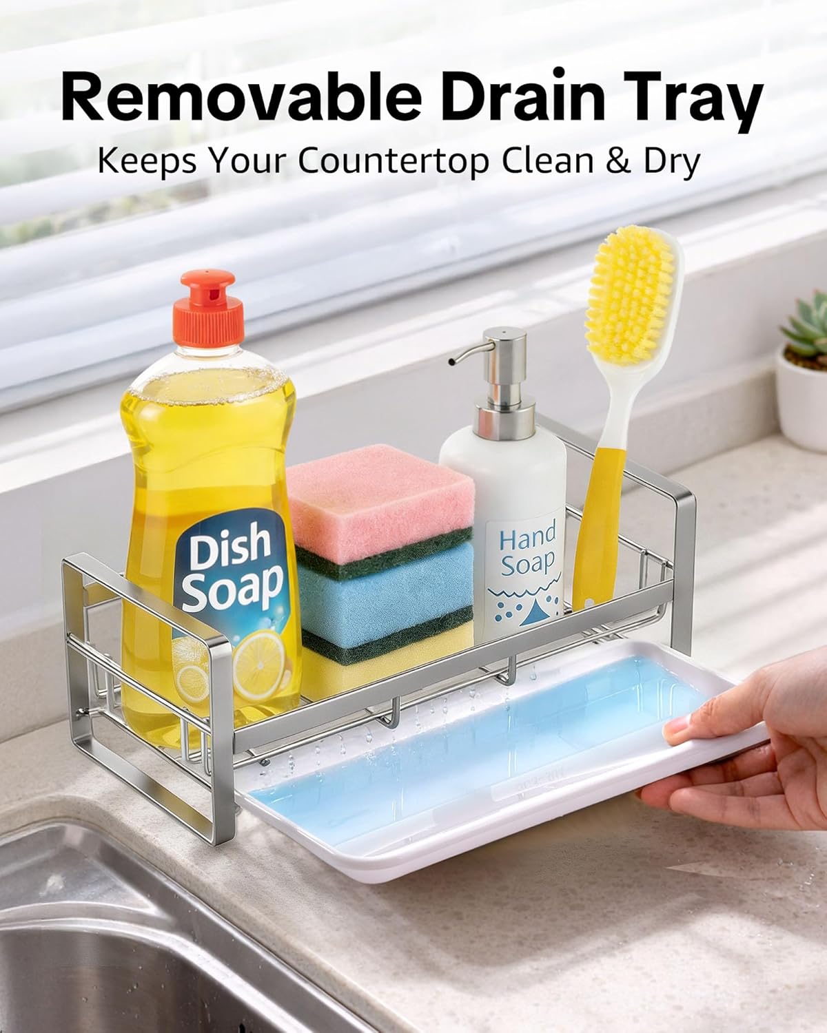 HULISEN Large Sponge Holder, 304 Stainless Steel Kitchen Soap Dispenser Caddy Organizer, Countertop Soap Dish Rack Drainer with Removable Drain Tray, not Including Dispenser and Brush, Silver