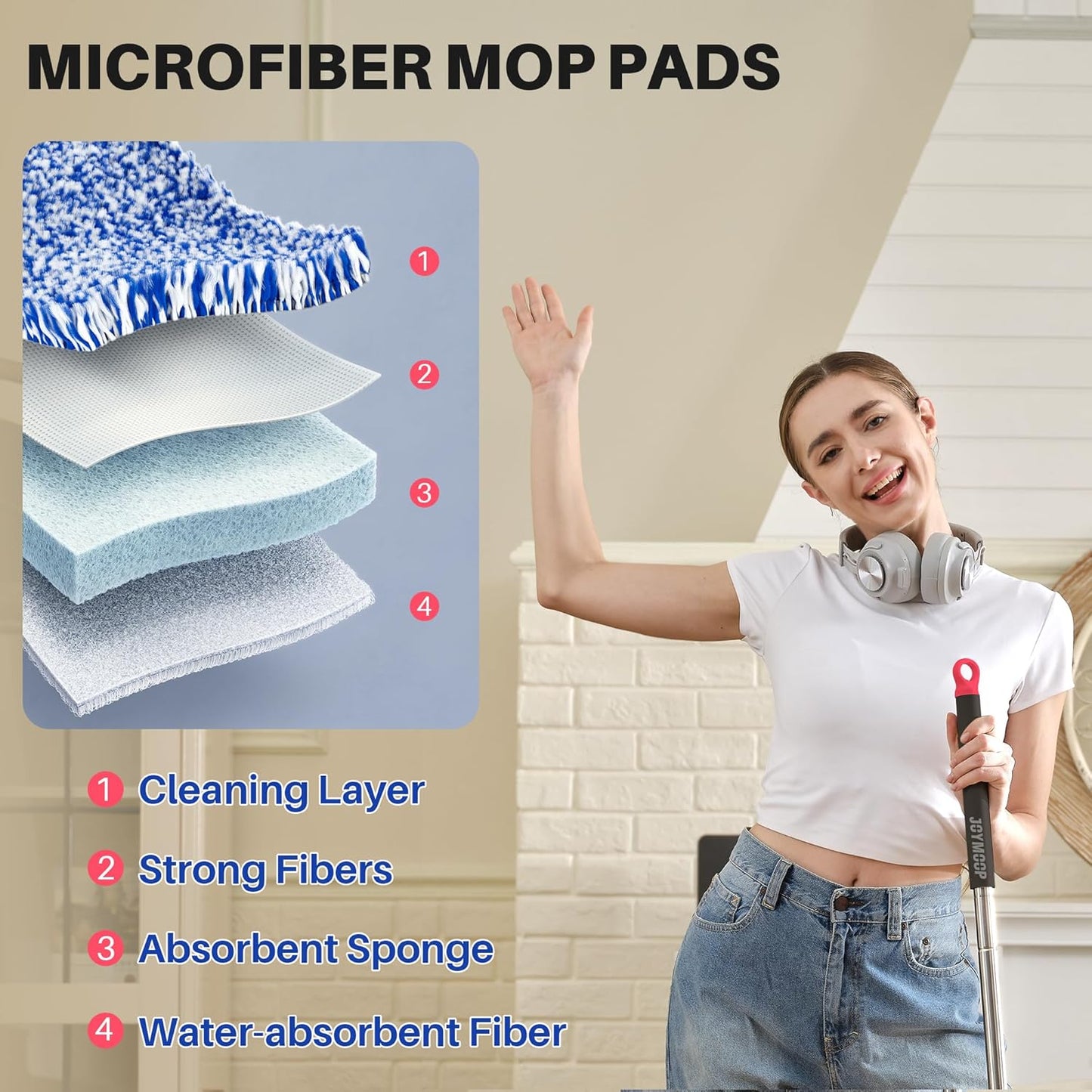 JOYMOOP Flat Mops, Microfiber Mop for Floor Cleaning and Wall Cleaner, 50" Mop Handle with Flexible 13" Flat Head with a Microfiber Mop Pad - White