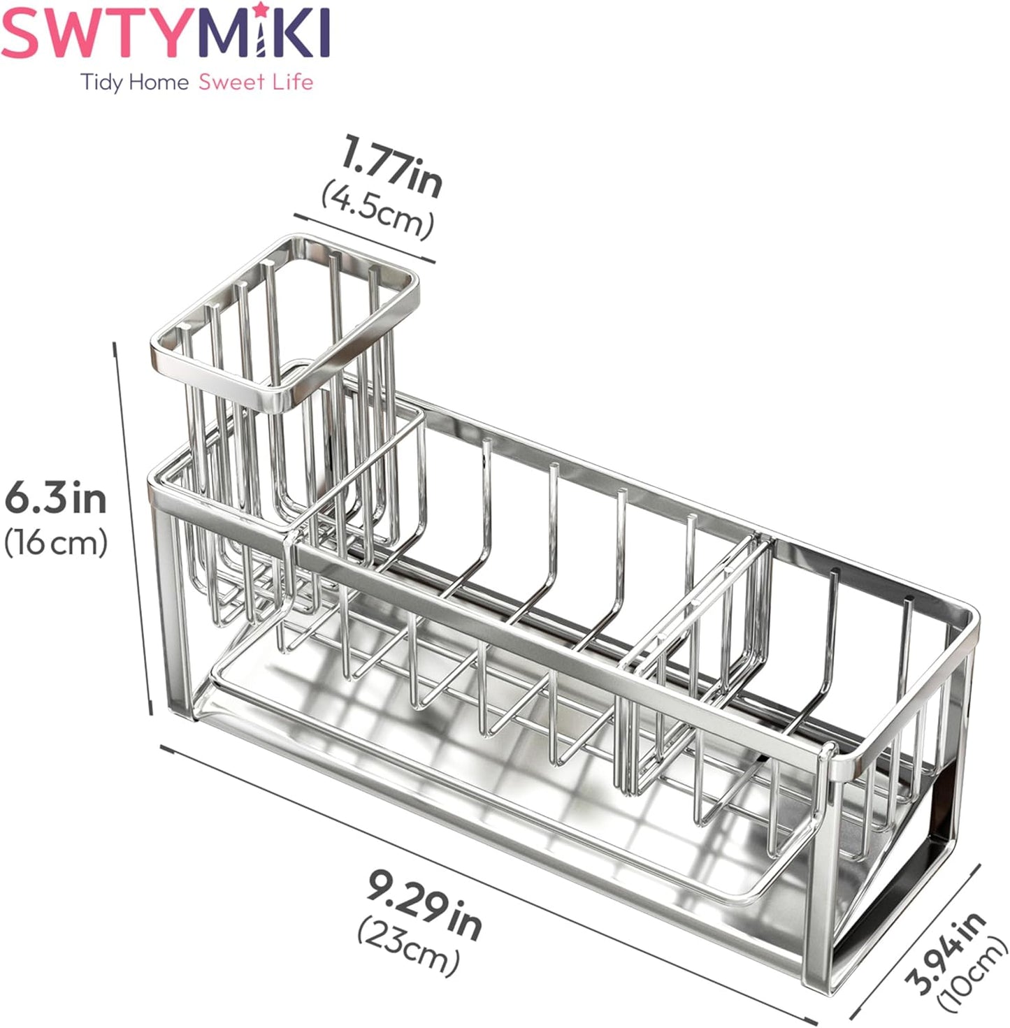 SWTYMIKI Sponge Holder for Kitchen Sink - 2 Tier Rustproof Sink Caddy with Instant Drying Stone, Removable Dish Brush Holder, Stainless Steel Kitchen Caddy for Coutertop Storage Accessories