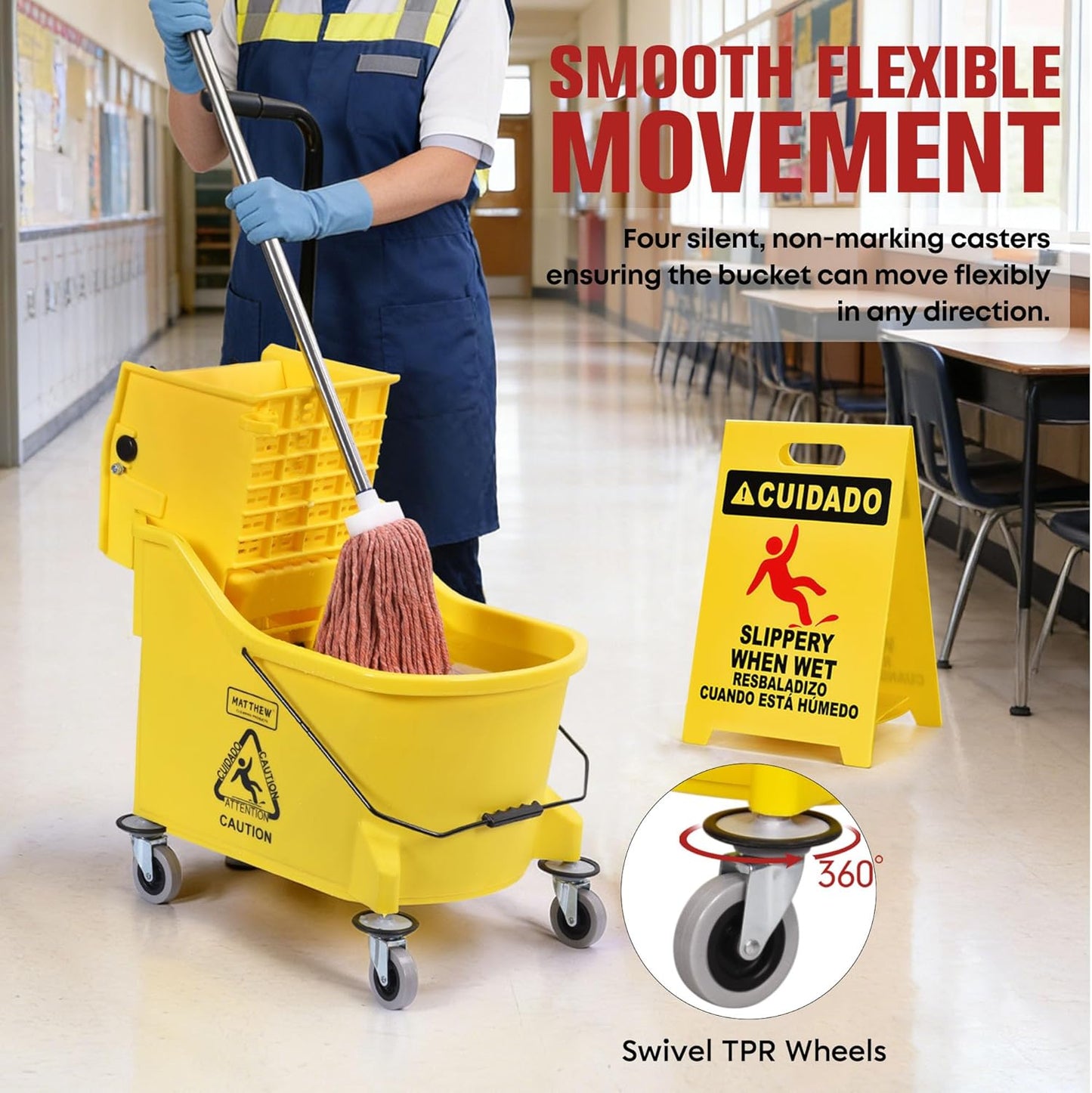 Matthew Cleaning 34 Quart Commercial Mop Bucket INCL.Wet String Mop with Side Press Wringer On Wheels,Heavy Duty Tandem Portable Floor Cleaning Wavebrake,Ideal for Household,Industrial,Restaurant