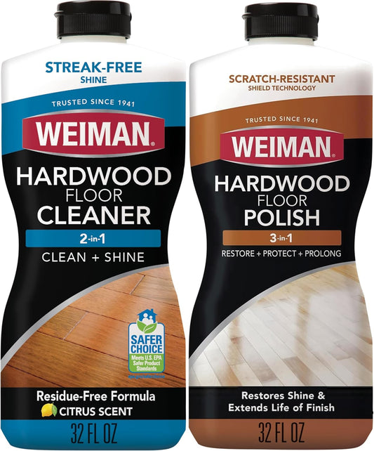 Weiman Hardwood Floor Cleaner and Polish Restorer Combo - 2 Pack - High-Traffic Hardwood Floor, Natural Shine, Removes Scratches, Leaves Protective Layer