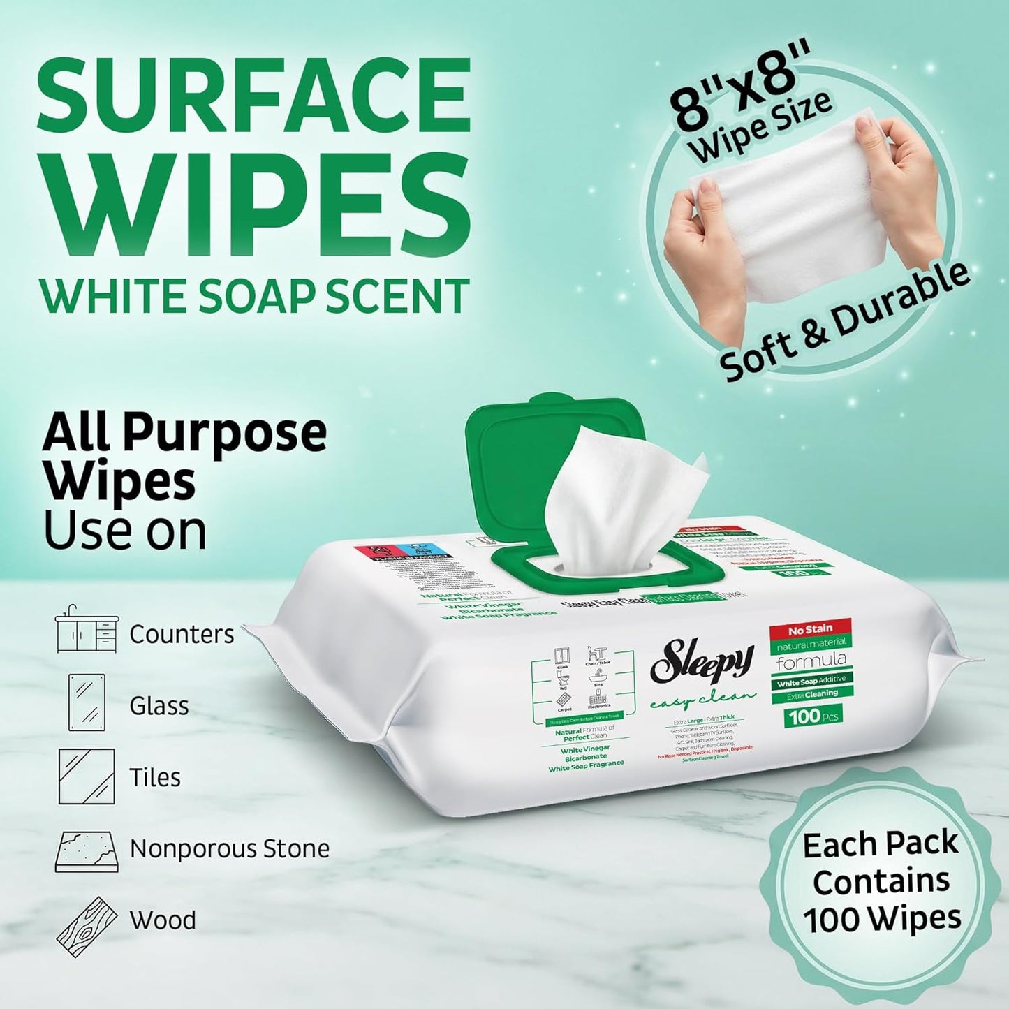 Sleepy Easy Clean XL Multi Surface Cleaning Wipes (100 Count) – Natural Vinegar & Baking Soda Formula – Jumbo 8"x8" All Purpose Wet Wipes for Kitchen, Bathroom, Glass & Electronics – No Streak