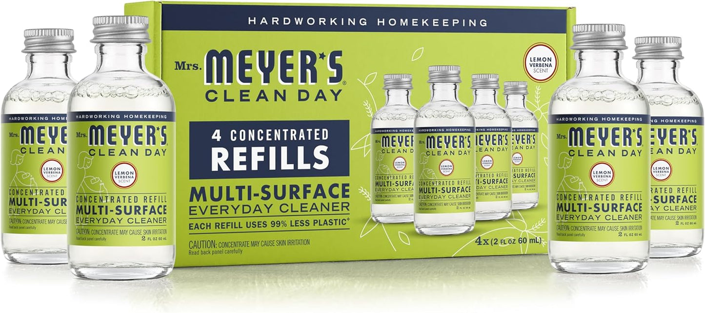MRS. MEYER'S CLEAN DAY Multi-Surface Everyday Cleaner Concentrated Refills, 4 Concentrated Refills (2 Fl. Oz. each), Lemon Verbena Scent, Makes 64 Fl. Oz. Total