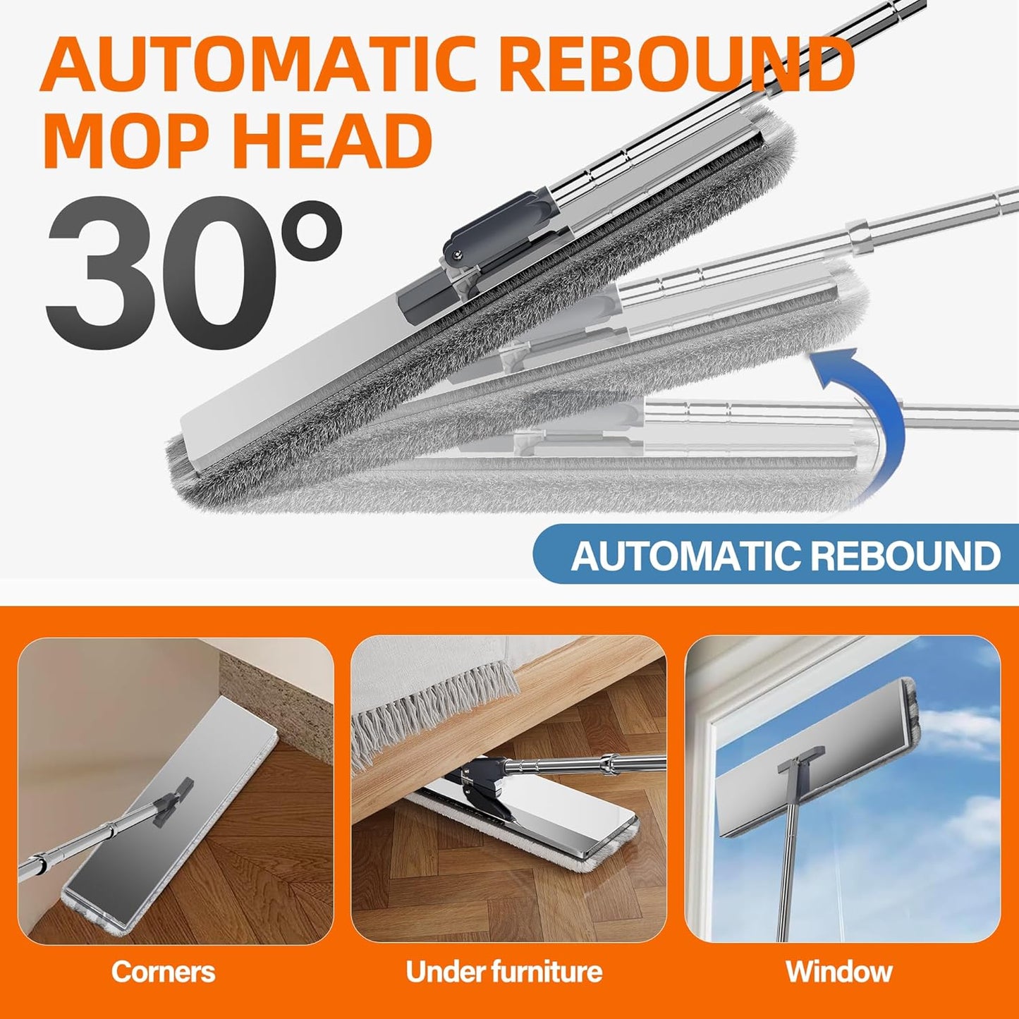 Premium Stainless Steel Microfiber Flat Mop for Floor Cleaning - 360° Pivot Head, Lightweight, Washable Pads - Includes 4 Reusable Absorbent Mop Pads (Silver)