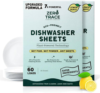 Zero Trace Dishwasher Detergent Eco-Friendly Sheets for Dish Washing - Plant Powered Technology - Lemon Scent - 60 Loads