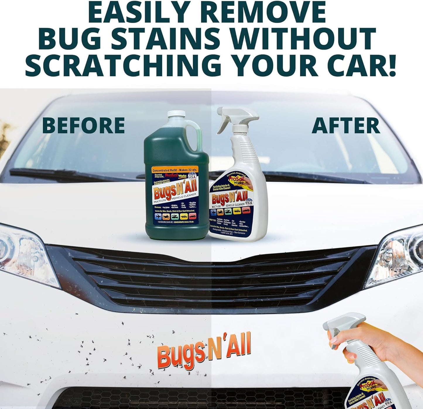 Bugs N’ All Multipurpose Car Cleaner & Degreaser - Bug & Tar Remover Concentrate 32 oz - Exterior Cleaner Safe for Car Paint, Metal, Chrome, Aluminum, Windows & Mirrors - w/Free 32 oz Spray Bottle