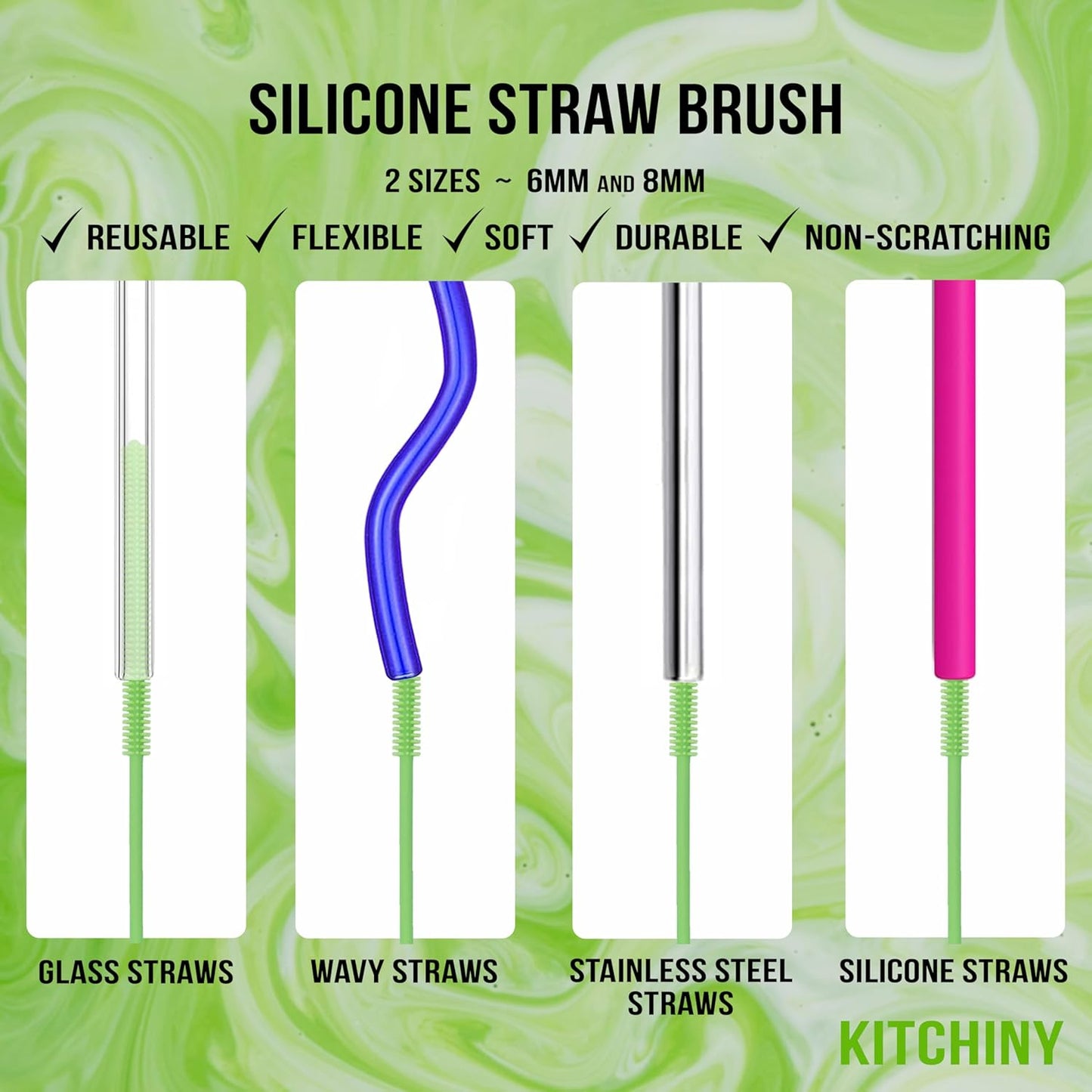 Kitchiny Silicone Bottle Brush with 2 Straw Cleaners - 12.5” Water Bottle Cleaner Brush for Yeti, Hydro Flask, Owala, Stanley, Baby Bottles, Glassware, Vases & Narrow Neck Containers - Grey