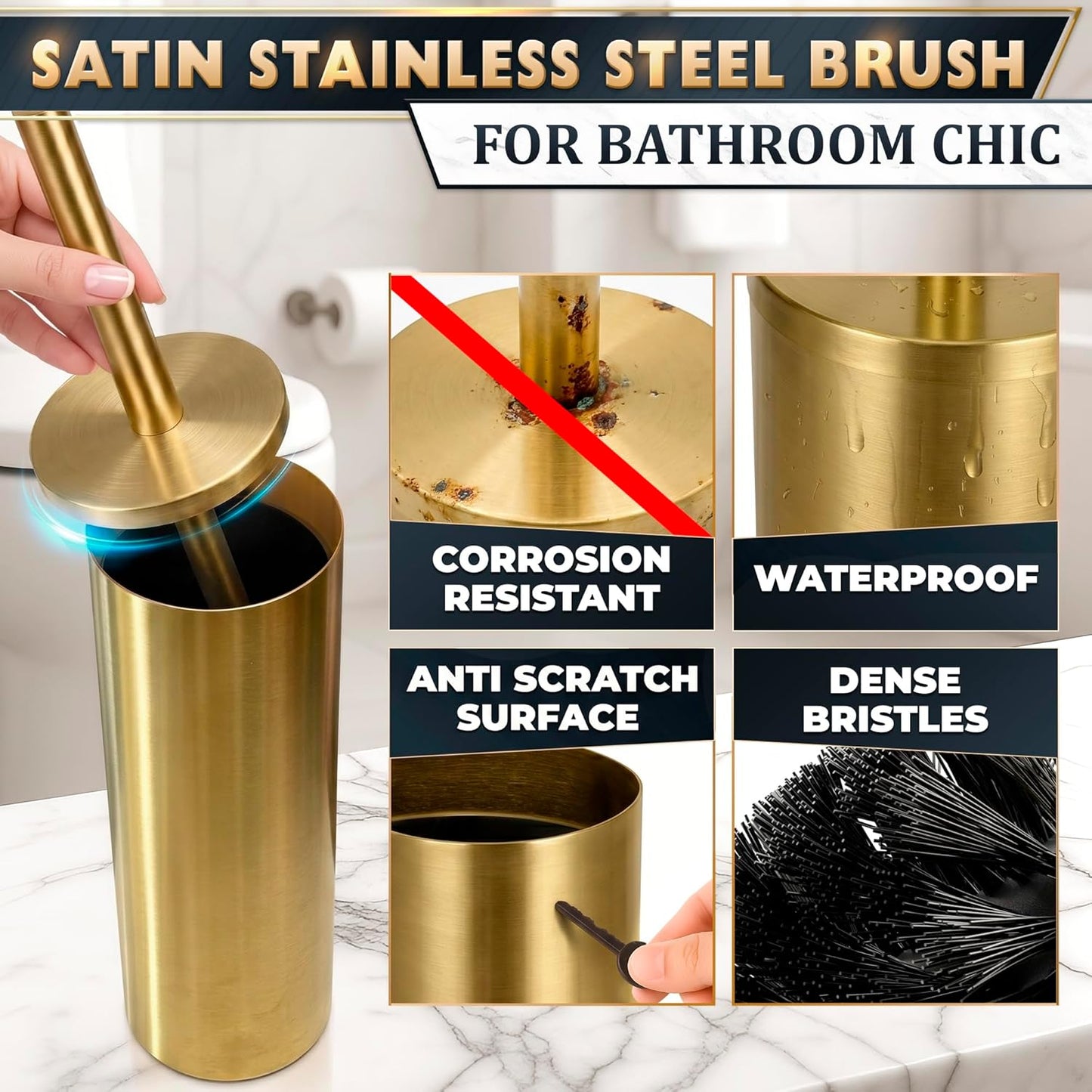 Stylish Stainless Steel Toilet Brush and Holder Set - Silver Toilet Bowl Brush and Holder with Splash Cover, Sturdy Bristles, Corrosion & Scratch Resistant - Elegant Design, Effective Deep Cleaning