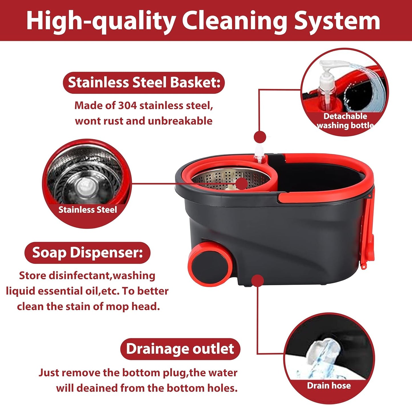 Spin mop and Bucket with Wringer Set，Spin Mop and Bucket with Wringer Set for Home，Stainless Steel 360 Floor Mop Bucket on Wheels，3 Microfiber Mop Replacement Heads and Adjustable Handle (Black)