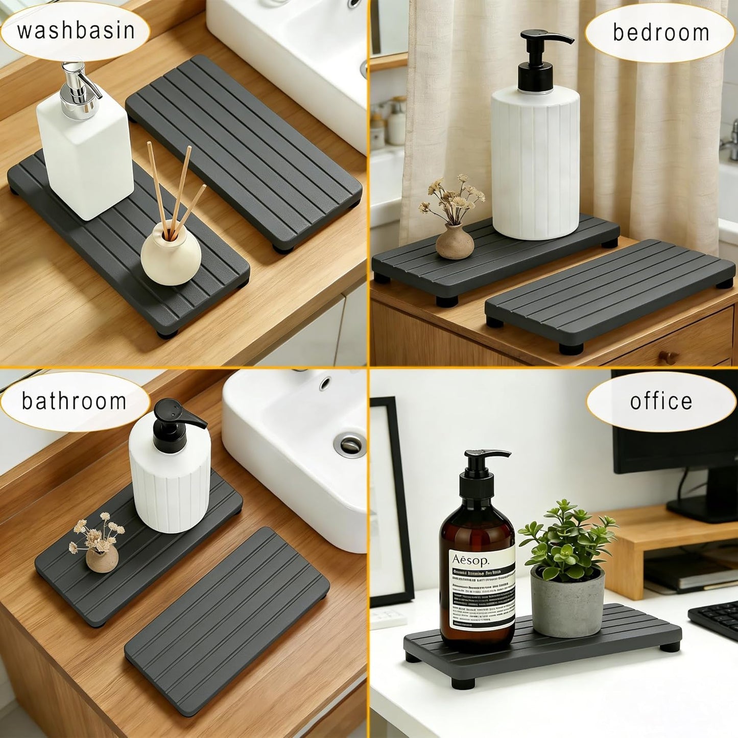 Instant Dry Sink Tray, Anti-Slip Stone Sink Caddy, Durable Kitchen Sink Organizer, Quick Dry Water Absorbing Stone Tray for Bathroom Counter, Stone Soap Tray -Dark Gray