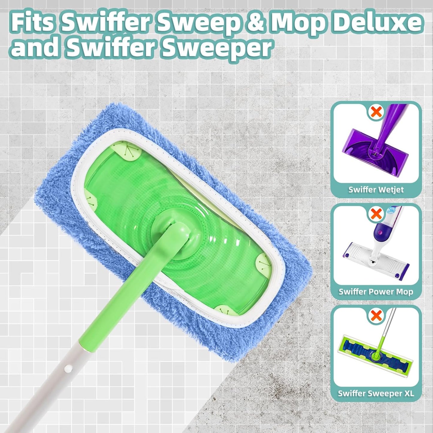 Reusable Mop Pads Compatible with Swiffer Sweeper Mop, Microfiber Dry Sweeping Cloths & Machine Washable Wet Pads Refill for Use on All Sealed Floors - Stone, Hardwood, Laminate & Tile (6 Blue)