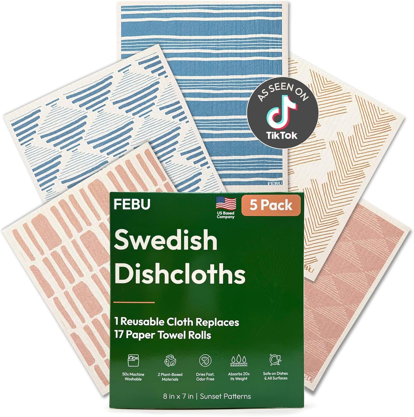 FEBU Swedish Dishcloths for Kitchen | 5 Pack Watercolor Reusable Paper Towels Washable | Swedish Dish Towels | Non-Scratch Cellulose Sponge Cloths | No Odor, Biodegradable Cleaning Cloths
