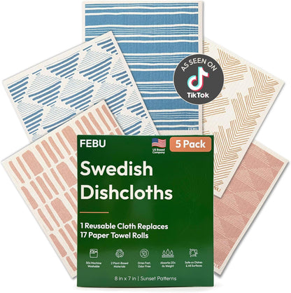 FEBU Swedish Dishcloths for Kitchen | 5 Pack Watercolor Reusable Paper Towels Washable | Swedish Dish Towels | Non-Scratch Cellulose Sponge Cloths | No Odor, Biodegradable Cleaning Cloths