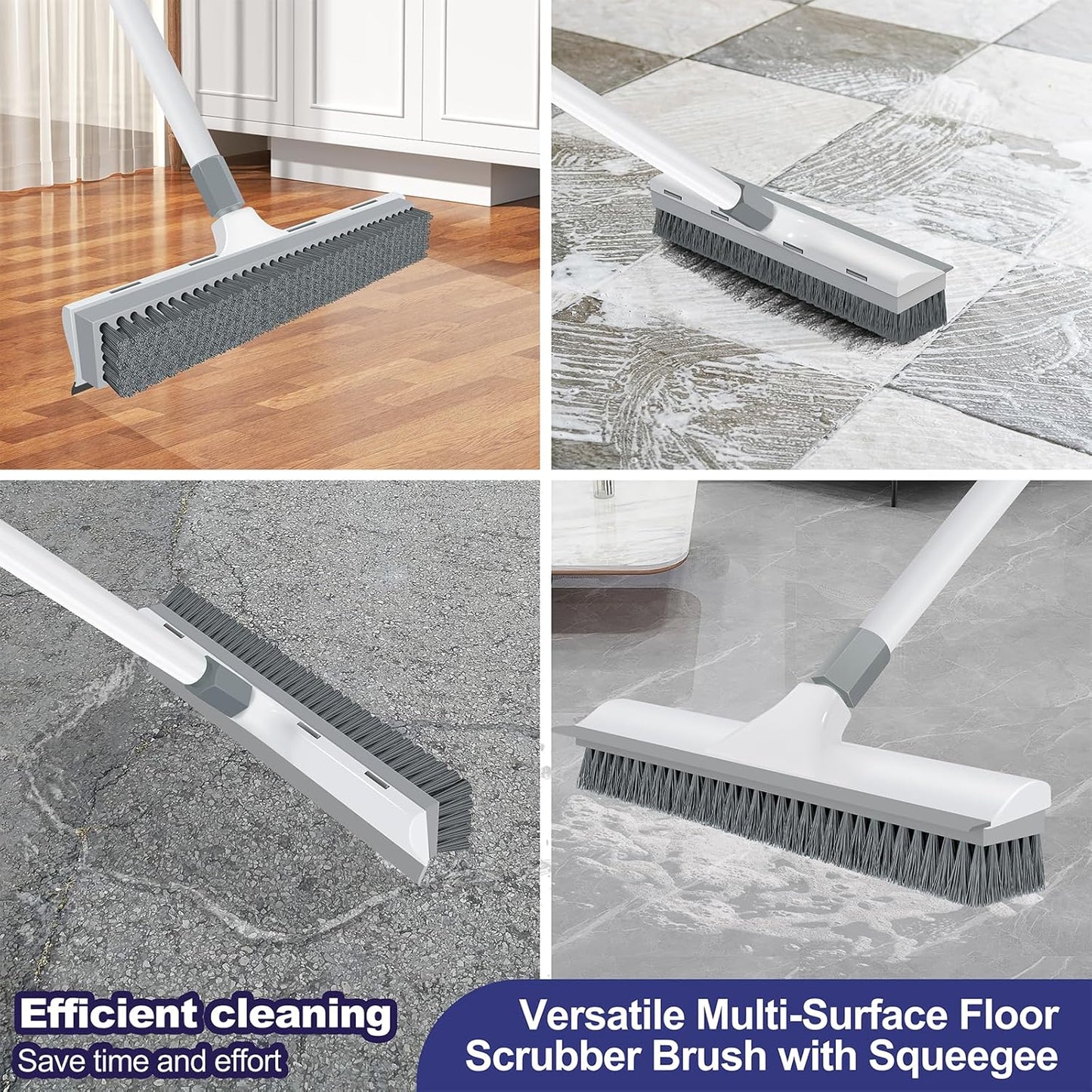Yolaist 60 inch Long Handle Floor Scrub Brush, 2 in 1 Heavy Duty Hard Bristle Deck Scrubber & Squeegee for Tile, Wall, Concrete, Shower, Bathroom, Kitchen, Garage, Patio