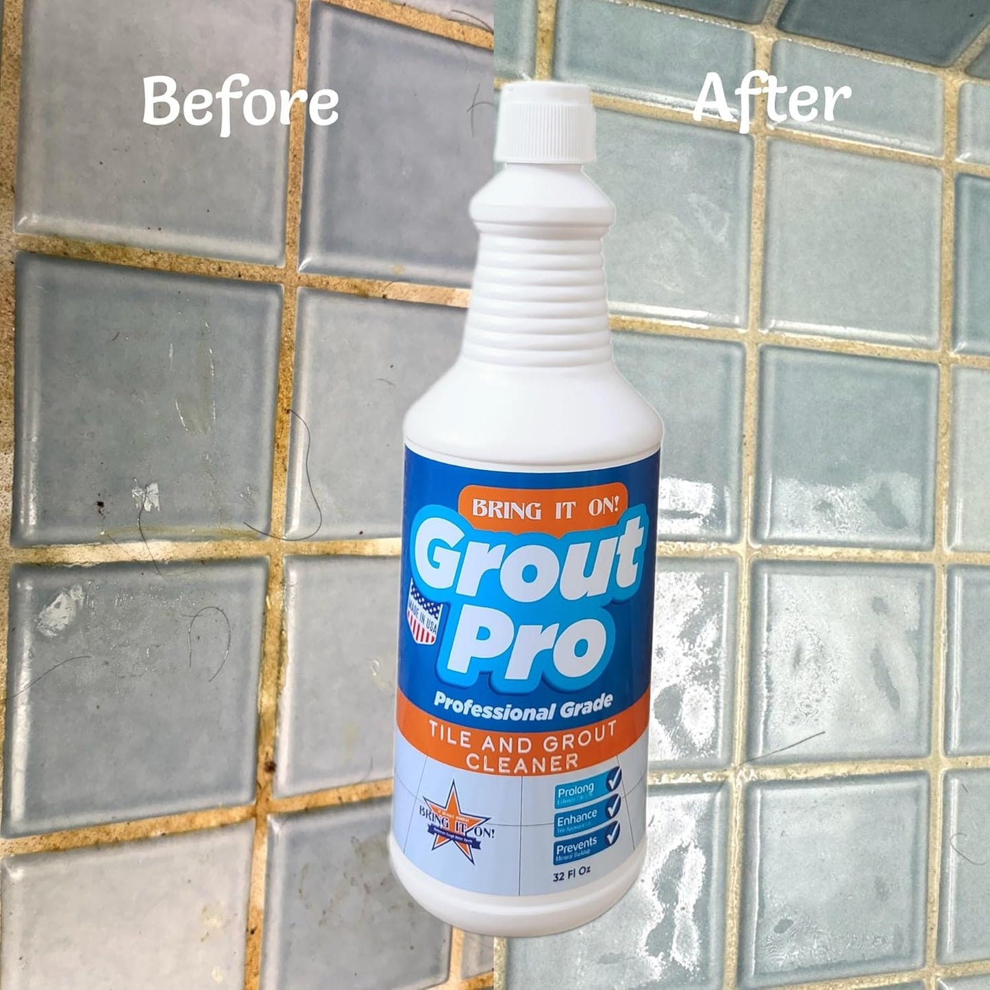 Bring It On Grout Cleaner Pro with Grout Cleaning Brush – 32Fl Oz Grout Cleaner for Shower Tile Includes 8-inch Heavy-Duty Grout and Tile Cleaner Brush – Effectively Removes Mineral Deposits