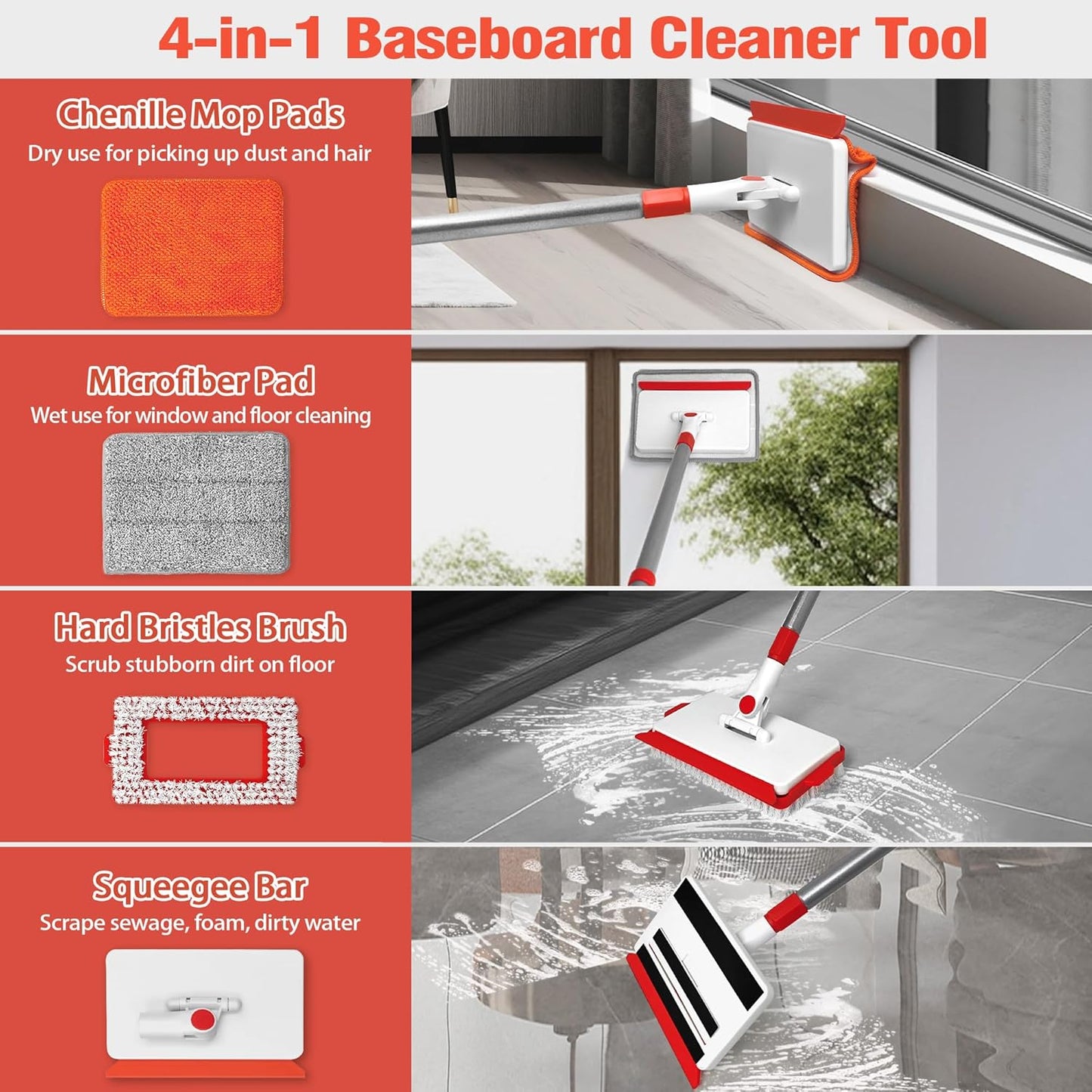 JEHONN Baseboard Cleaner Tool with Handle, 56 inches Base Boards Cleaning Mop Scrubber, 1 Stiff Bristles Brush, 2 Chenille and 2 Microfiber Pads, Wall Duster for Floorboard Ceiling Window Tile