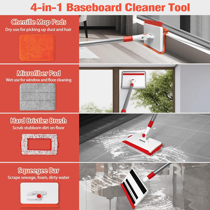 JEHONN Baseboard Cleaner Tool with Handle, 56 inches Base Boards Cleaning Mop Scrubber, 1 Stiff Bristles Brush, 2 Chenille and 2 Microfiber Pads, Wall Duster for Floorboard Ceiling Window Tile