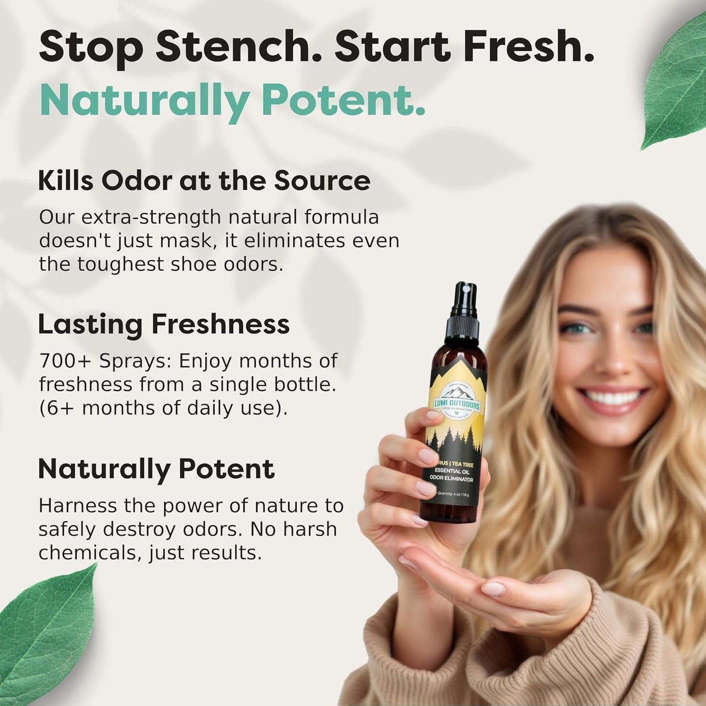Lumi Outdoors Natural Shoe Deodorizer Spray (700+ Sprays) - Extra Strength Shoe Odor Eliminator for Smelly Shoes & Foot Odor - Replaces Shoe Balls & Inserts - Lemon Eucalyptus